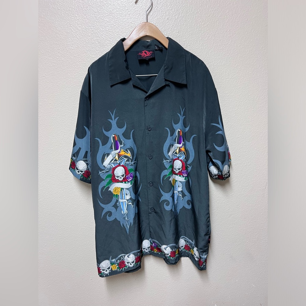 Kotob XL Men's Shirt Skulls Dagger Blood Red Roses Barbed Wire Black